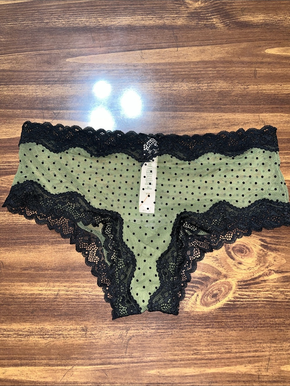NWT Victorias Secret Olive Green Polka Dot Cheekini with Black Lace Trim medium